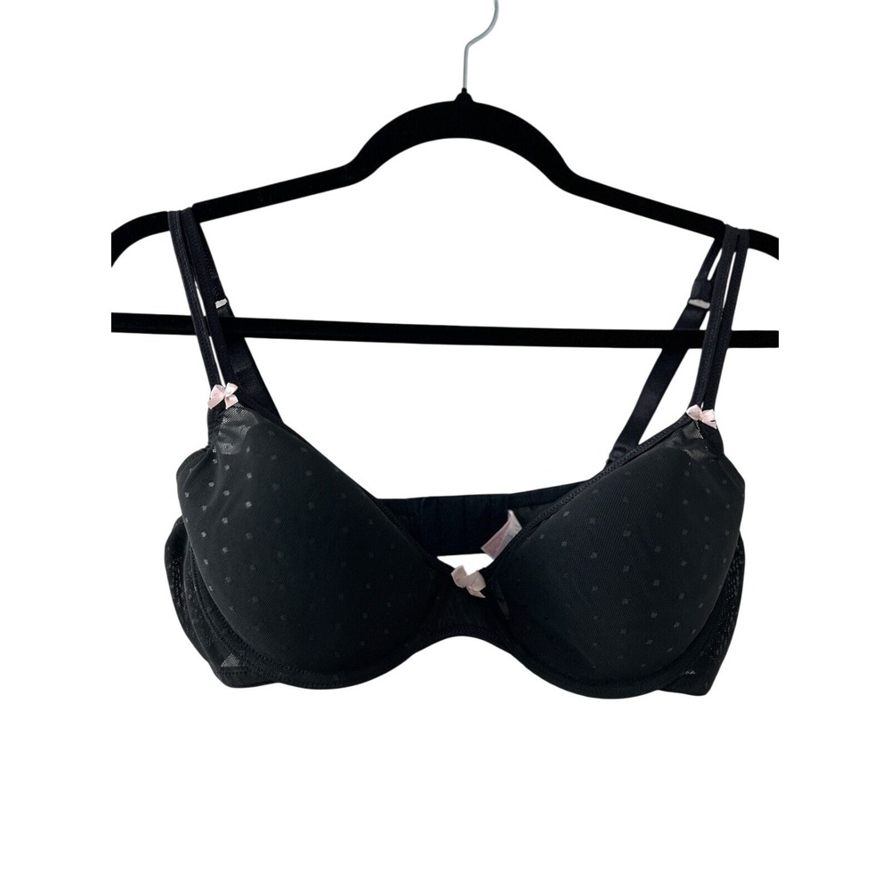 Victoria's Secret Polka Dot Demi Bra 36D Black Mesh Bows Coquette Balletcore